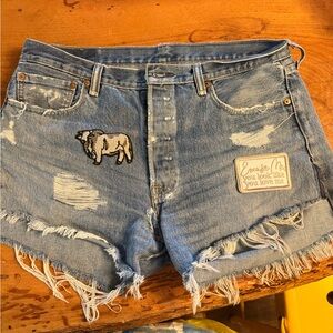 Vintage 501 Levi's Blue Distressed Jean Shorts with Patches